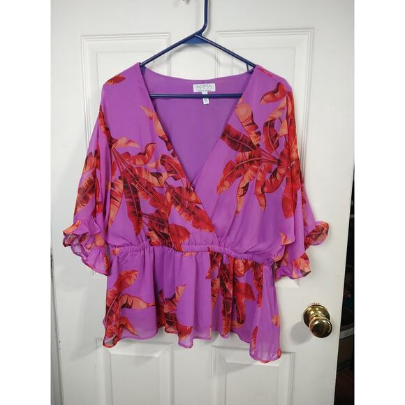 Sofia Jeans Woman XXL Pullover Blous Tank Semi Sheer Leaf Faux Wrap Baby Doll - Picture 1 of 7